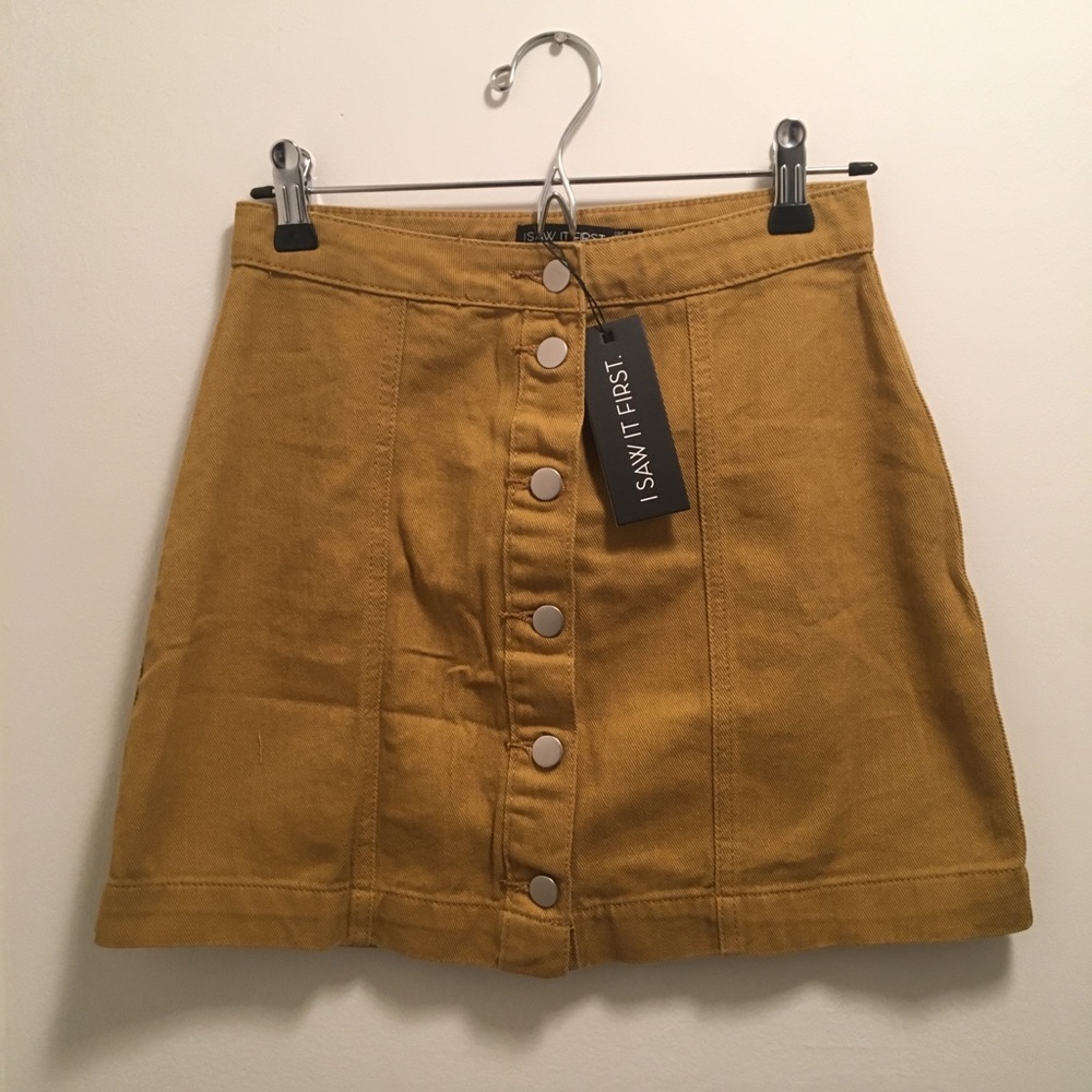 Mustard Button Front A-Line Denim Mini Skirt